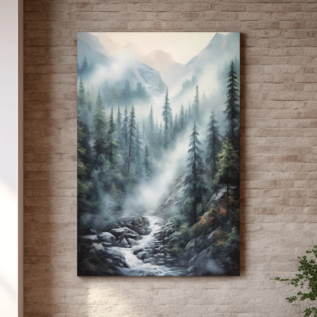 Misty Alpine Pine Forest River Painting - Moody Mountain Landscape Wall Art