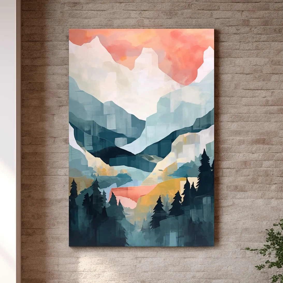 Abstract painting of alpine mountains and trees