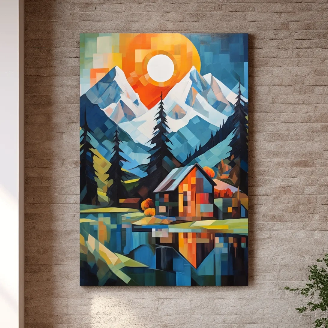 Geometric Alpine Cabin Lake Sunset - Vibrant Impressionist Mountain Wall Art