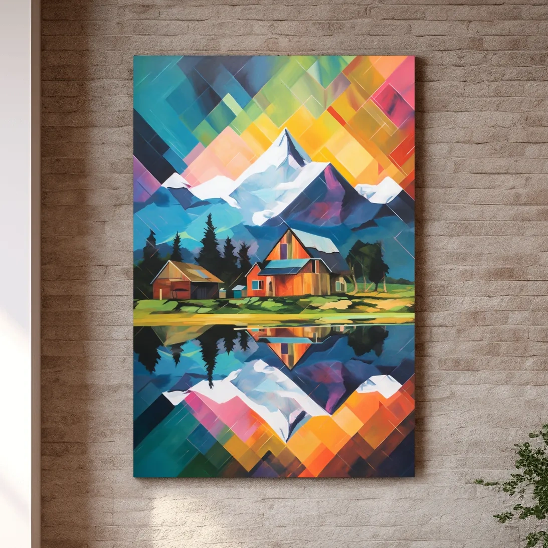 Vibrant abstract painting of a cabin by a glacier and lake