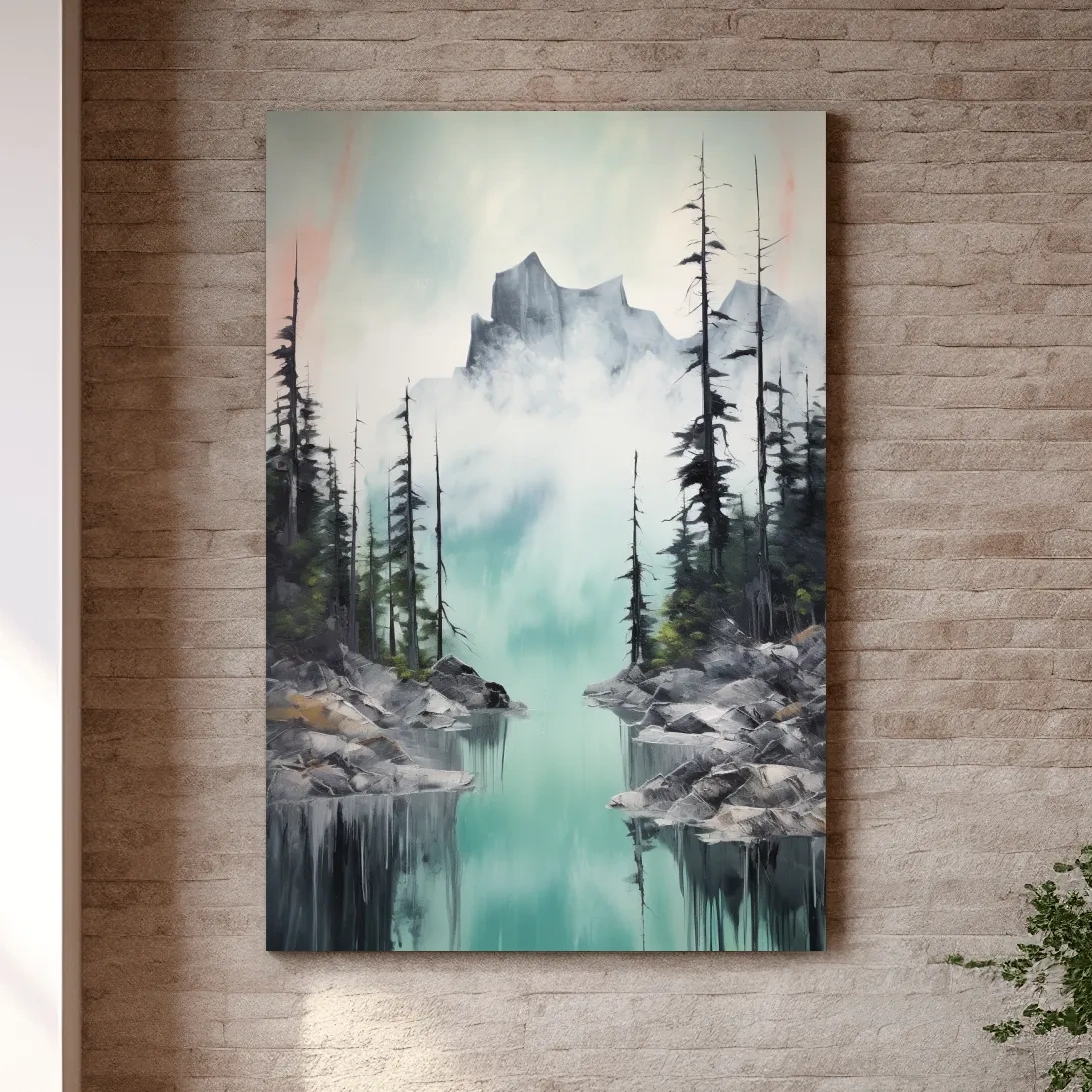 Painting of a turquoise alpine lake and mountain in the fog