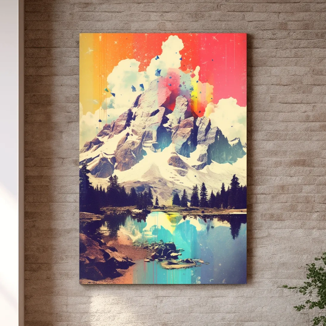 Colourful abstract painting of a mountain and lake
