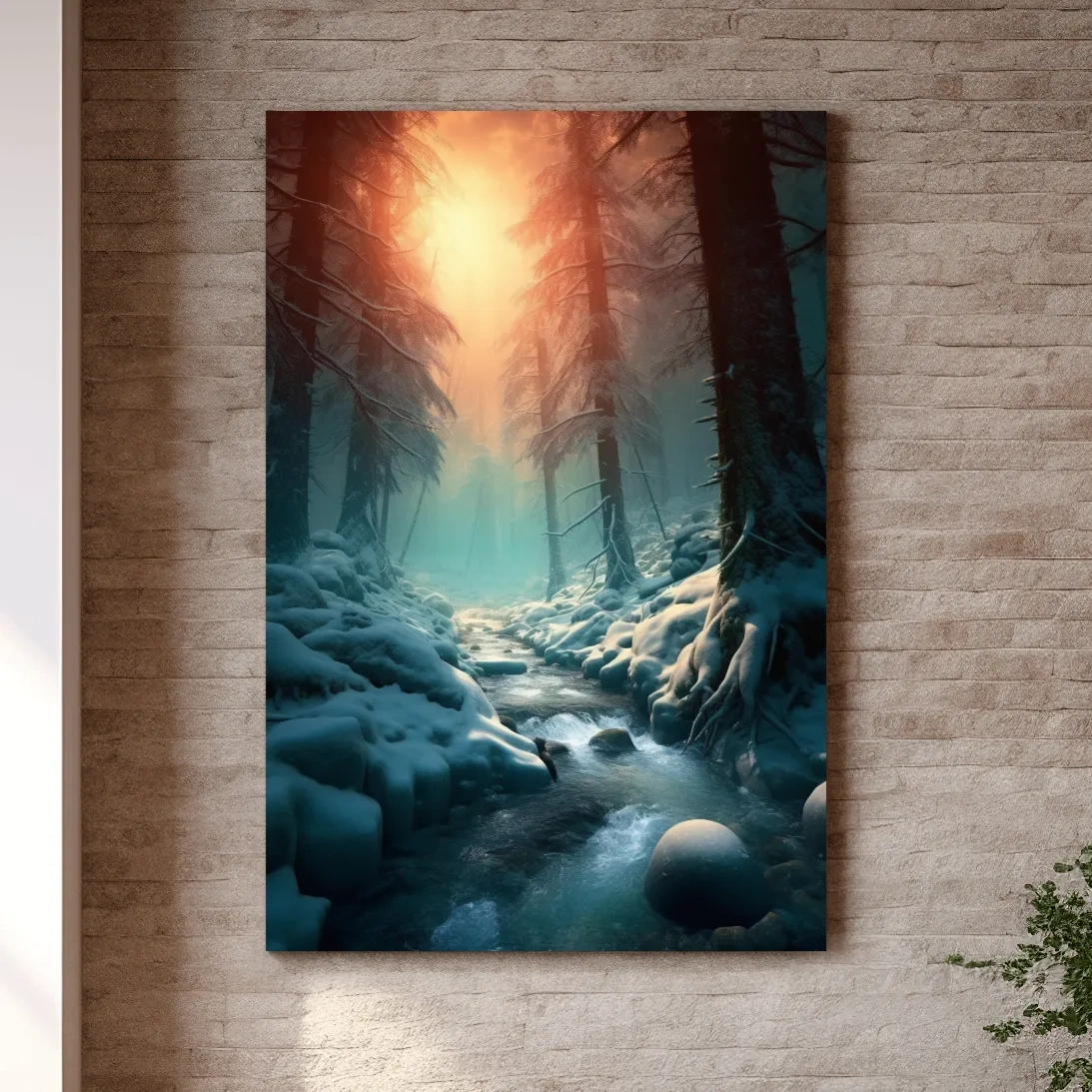Photographic wall art, a stream running through the snow