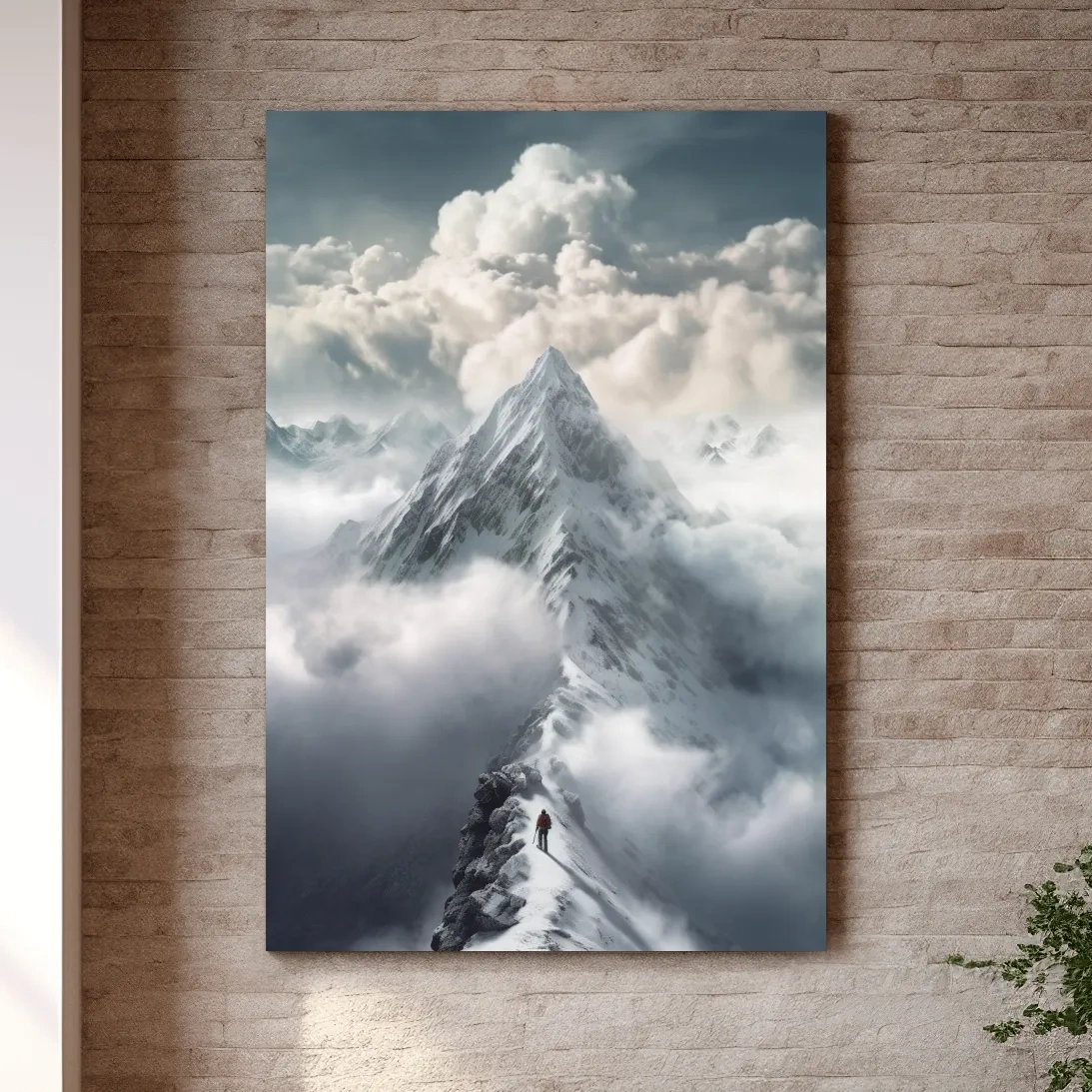 Painting of a person approaching the summit of a snowy mountain