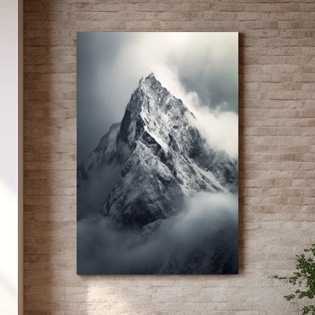 Photographic art, ominous snow capped mountain in the clouds