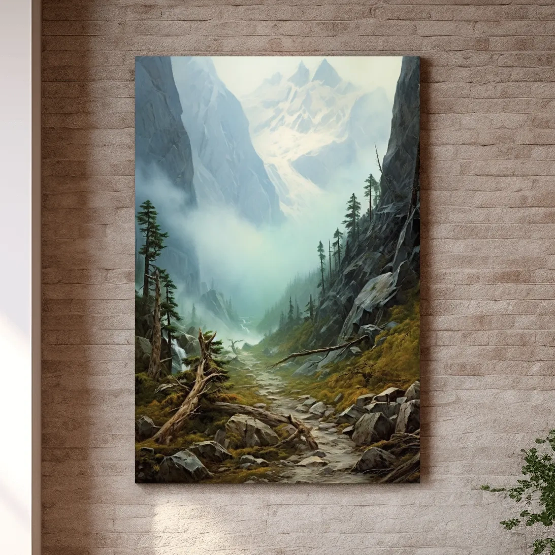 Misty Alpine Mountain Valley Painting - Foggy Pine Forest Wall Art