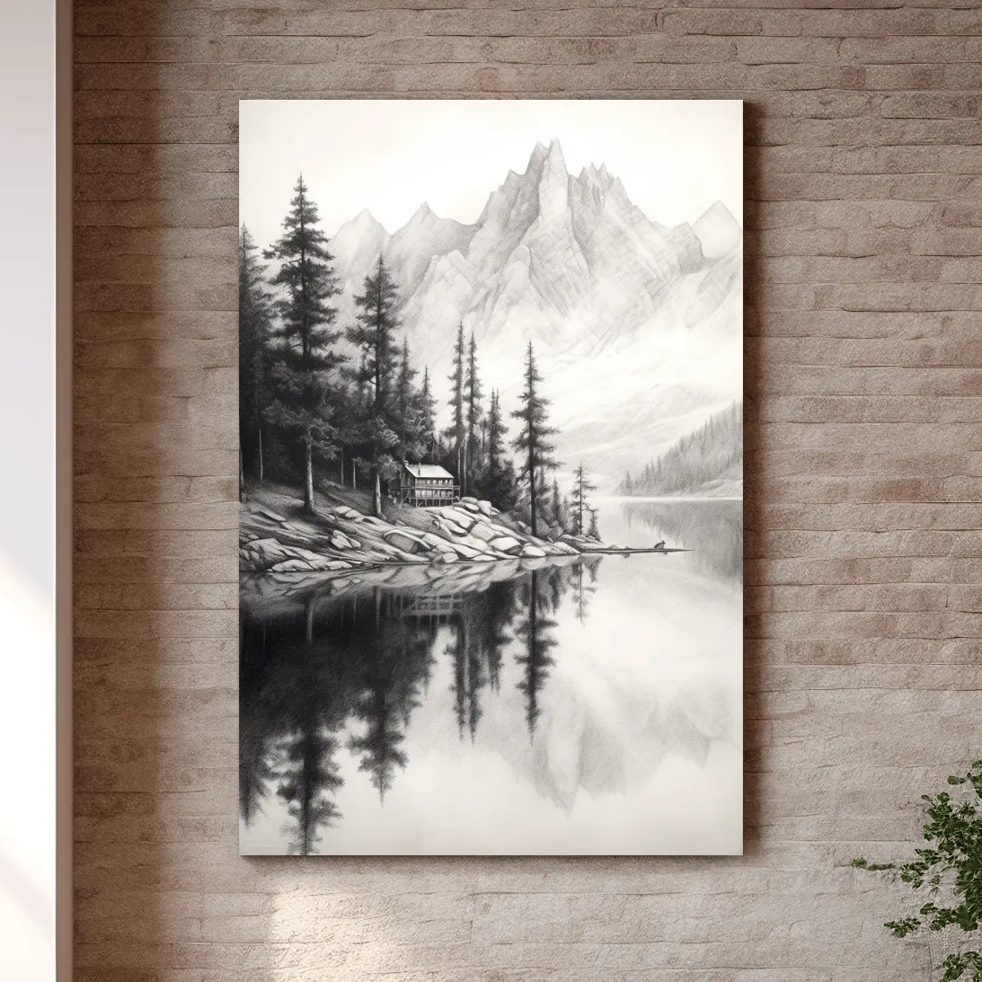 Lead pencil drawing of a cabin by an alpine lake