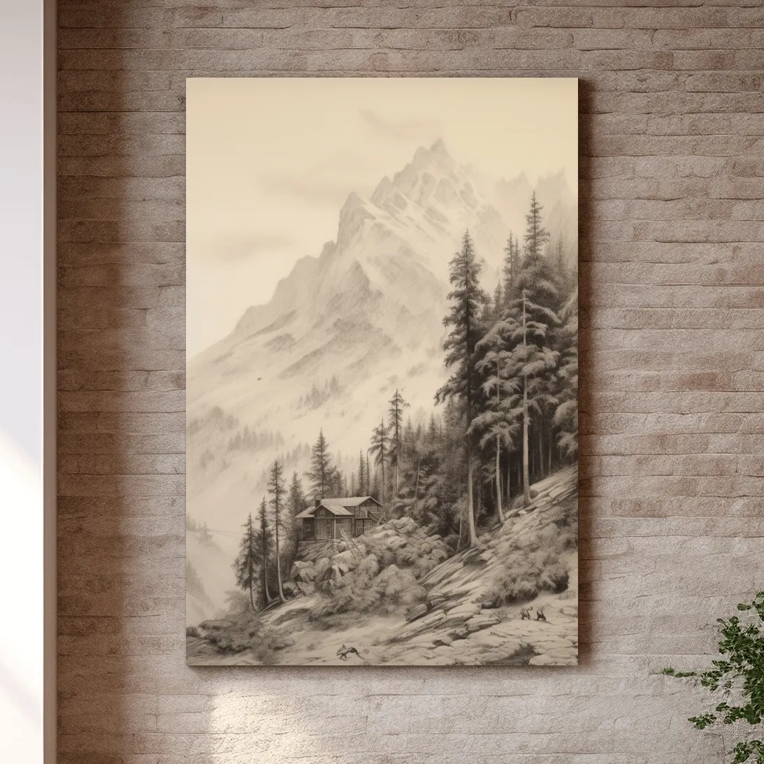 Lead pencil drawing of a cabin by a glacier