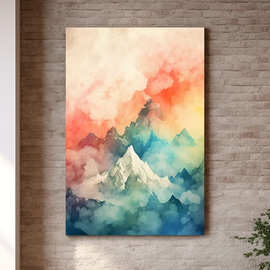 Colourful watercolour painting of a mountain landscape