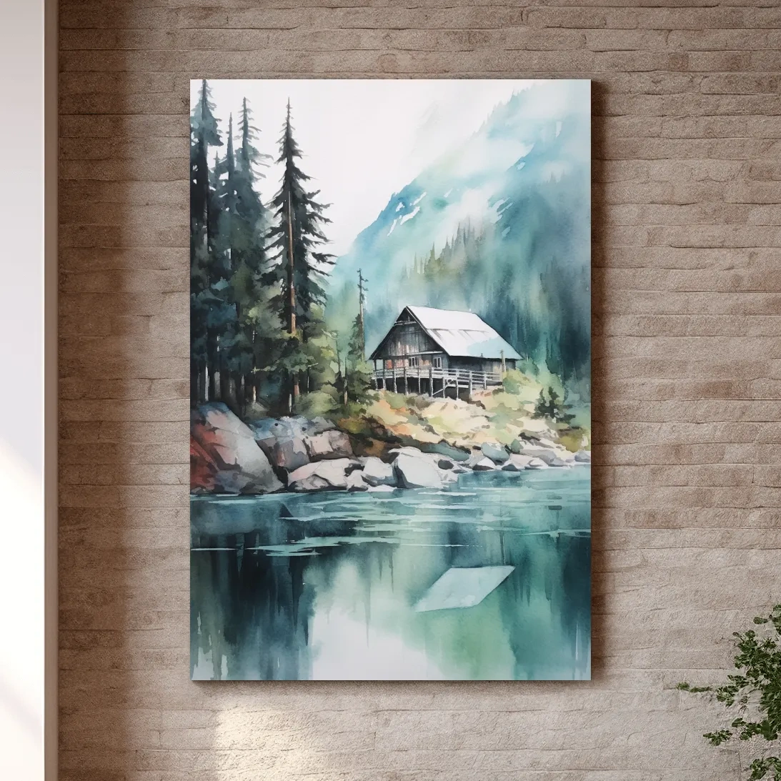 Watercolour painting of a cabin by a lake