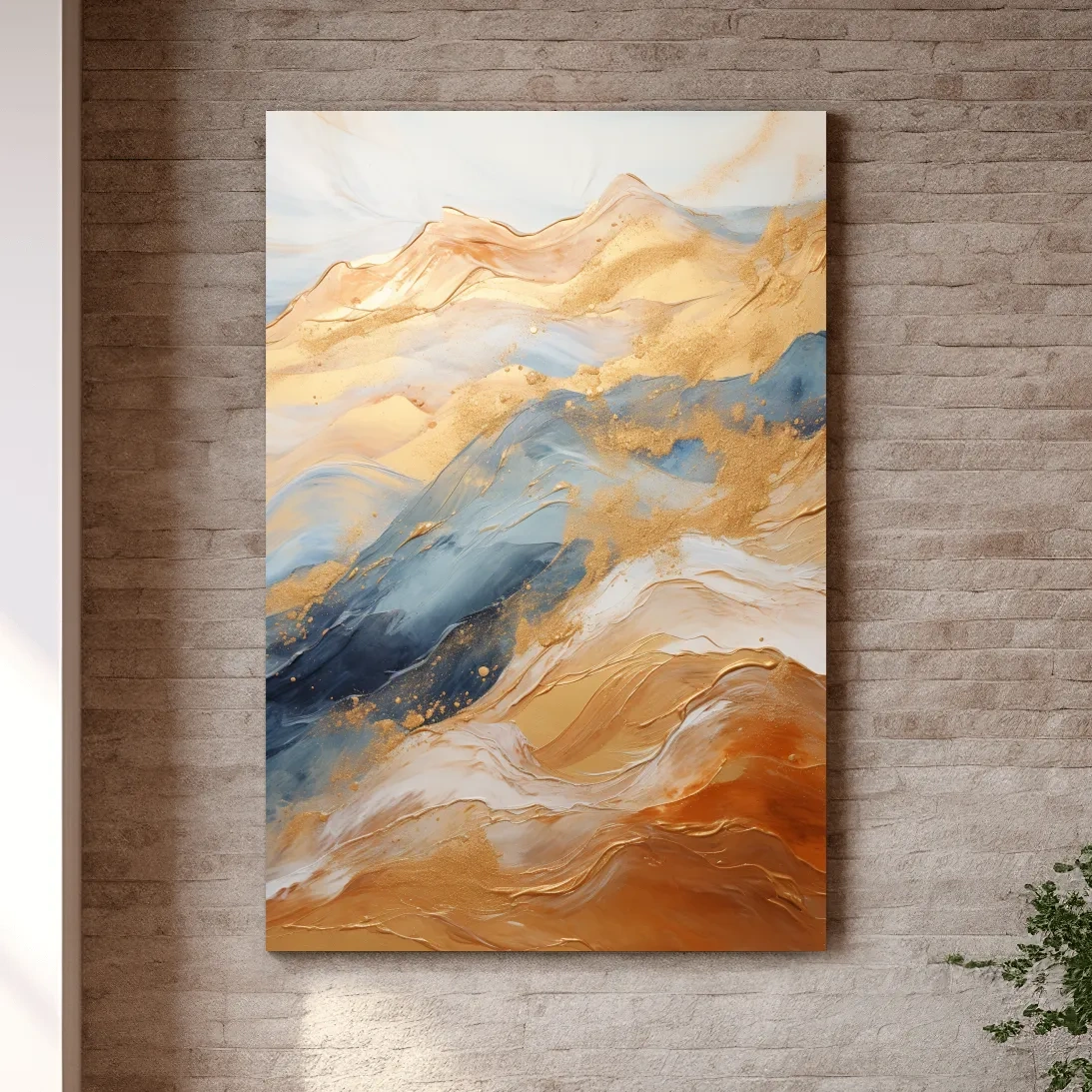 Abstract golden swirling painting forming mountains