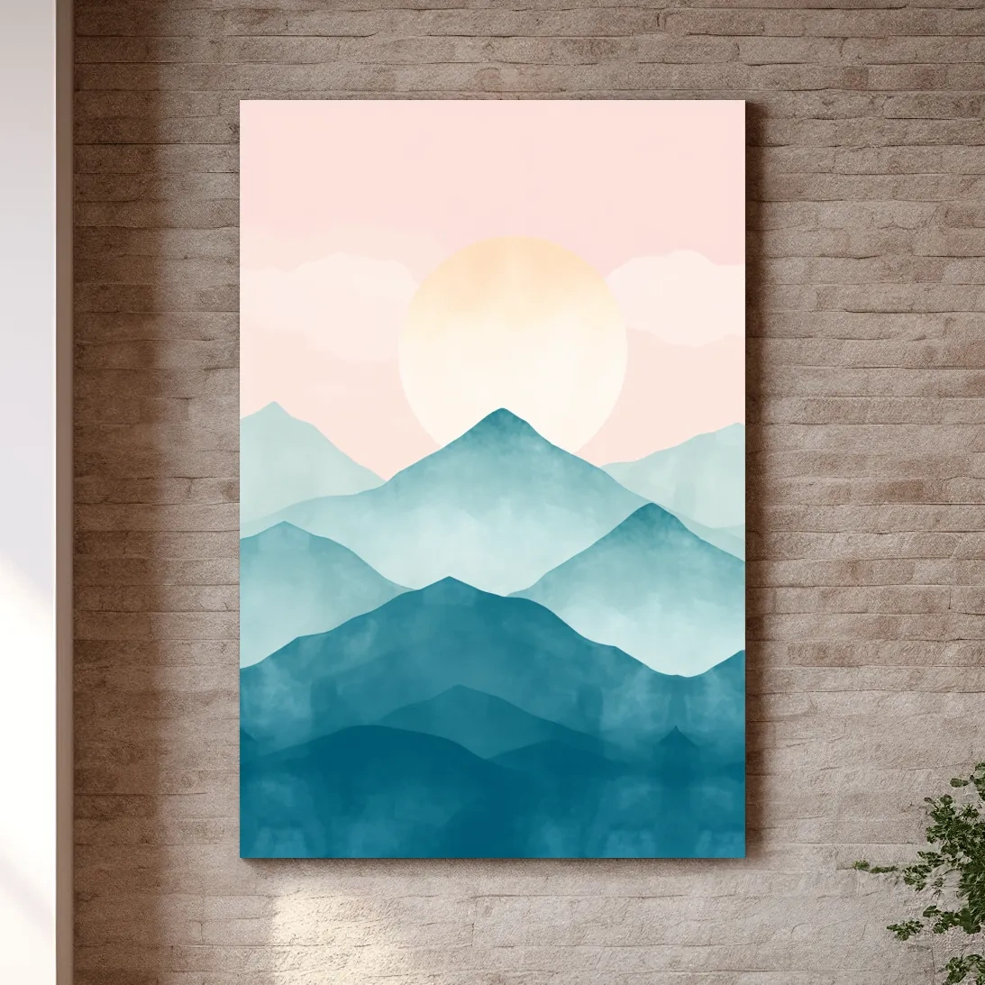 Soft pastel mountain landscape painting, pastel colored wall art
