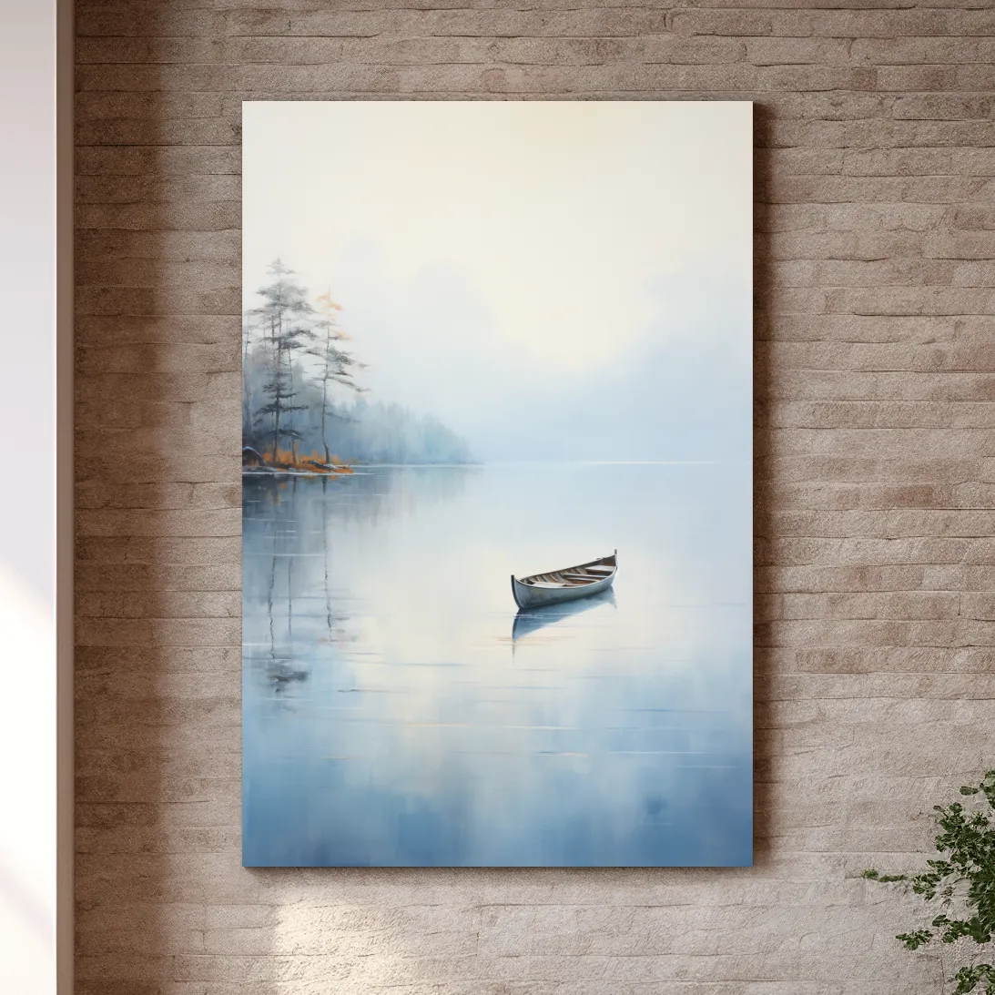 Watercolor painting, canoe on a misty lake