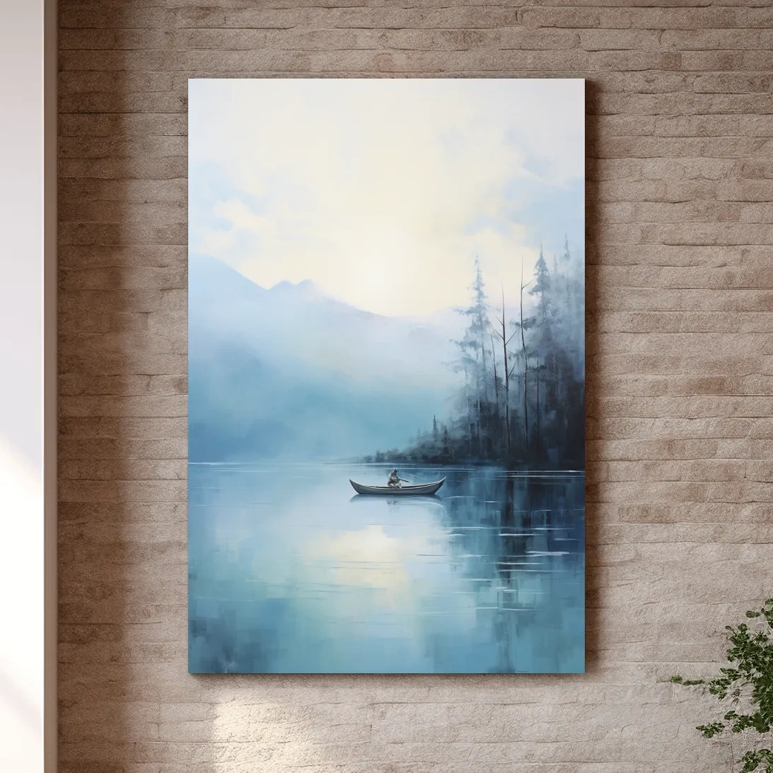 Misty Turquoise Mountain Lake Canoe Painting - Serene Forest Landscape Wall Art