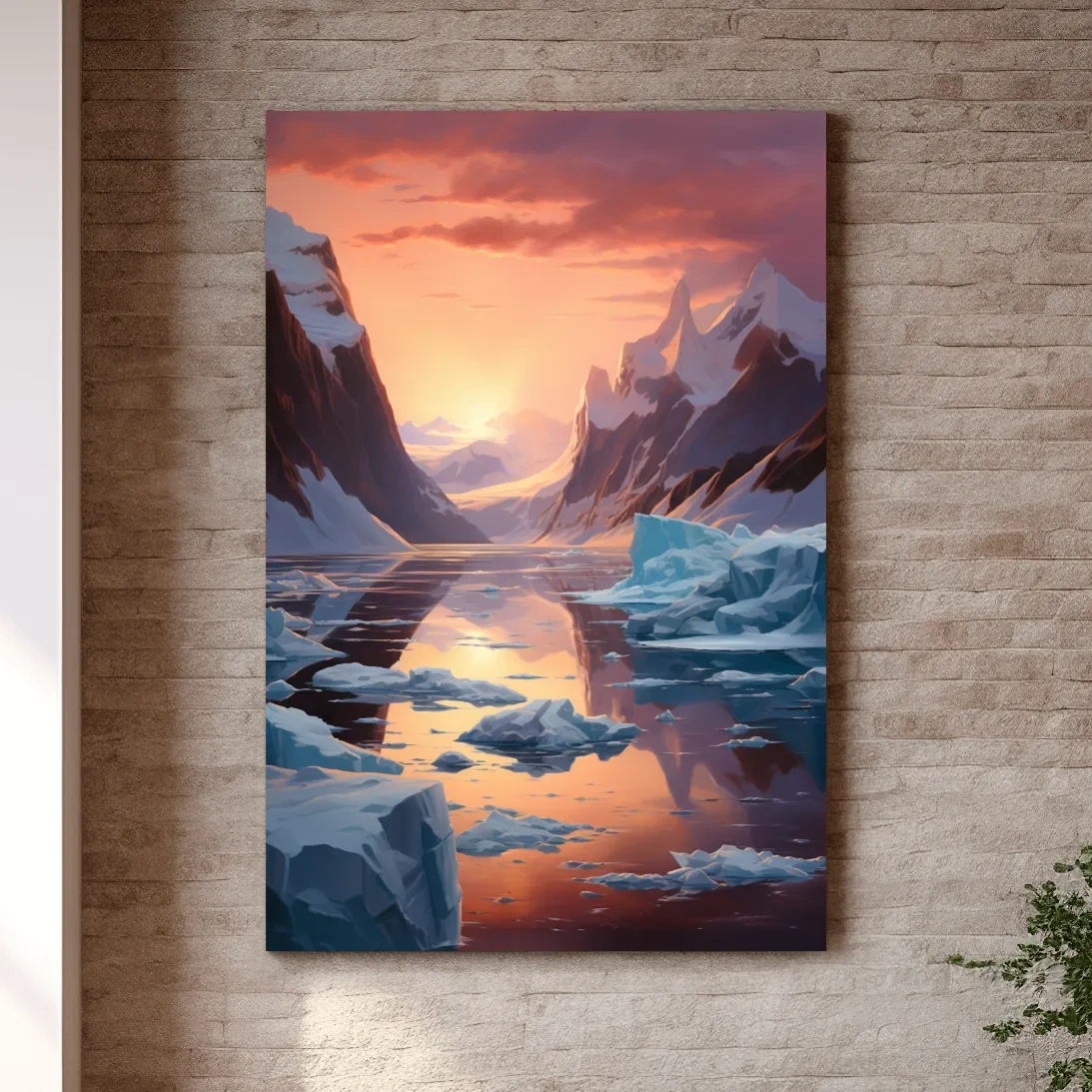 Beautiful surreal painting, sunset over the antarctic ice