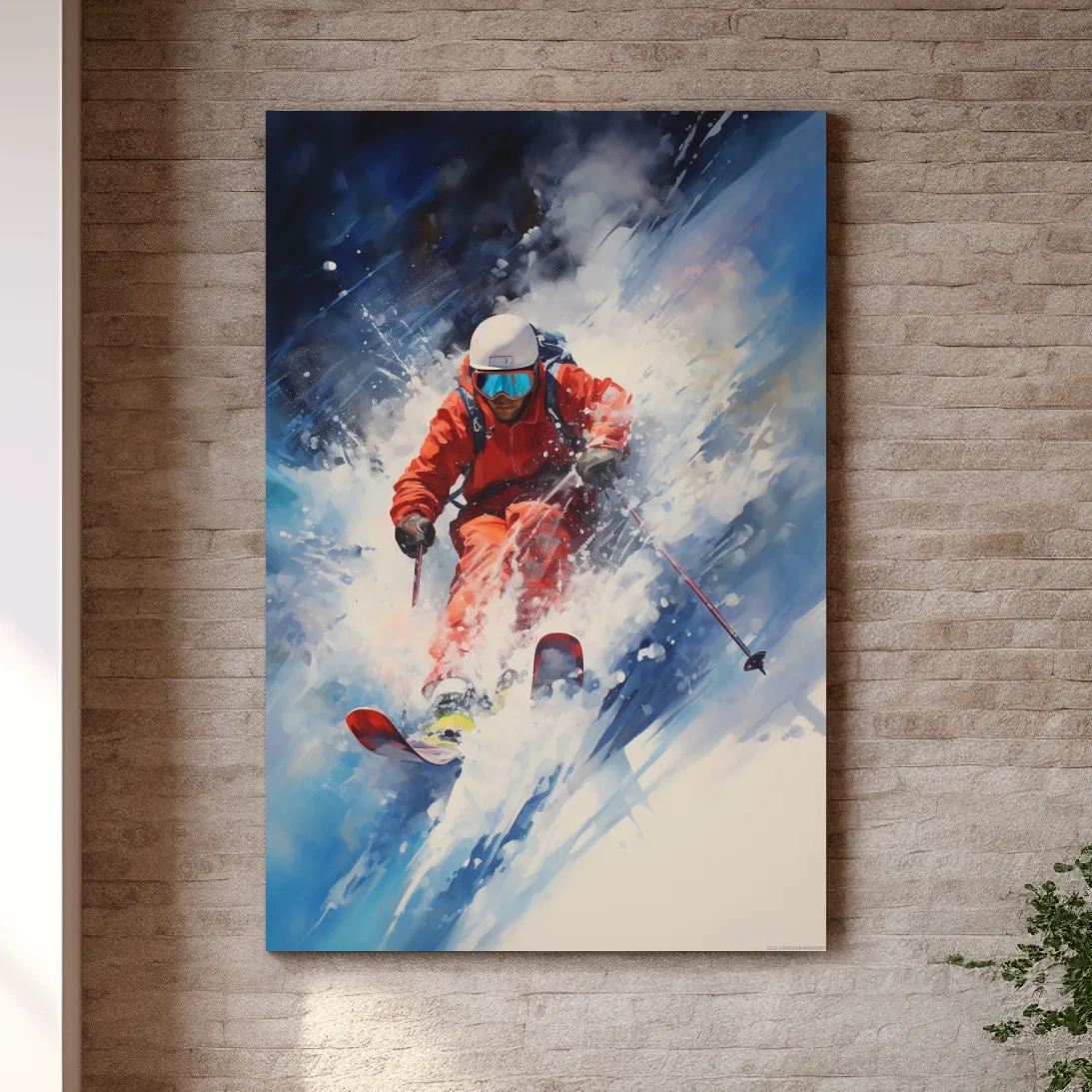 Dynamic painting of a skier exploding in powder