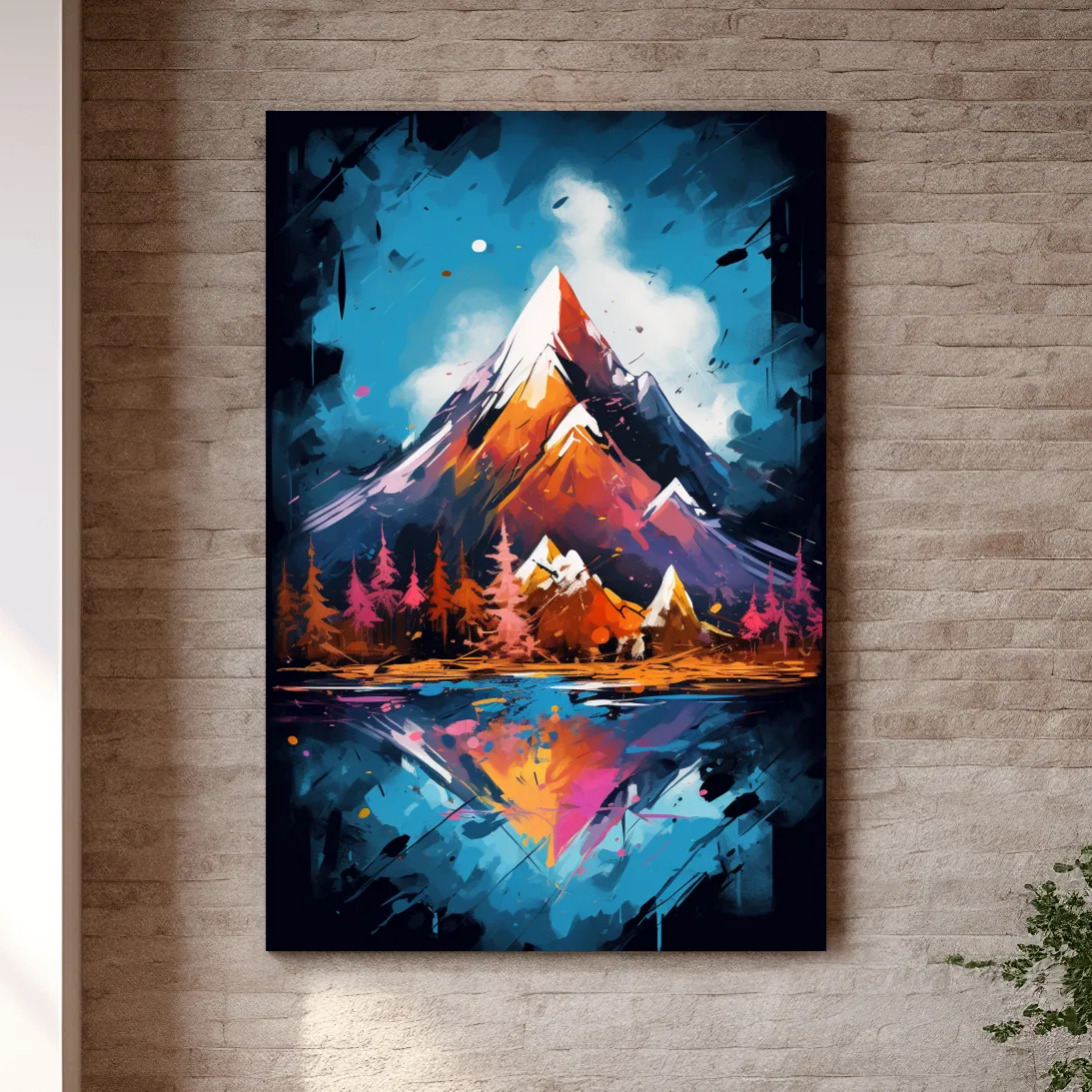Vibrant Abstract Alpine Lake Painting - Colorful Mountain Forest Wall Art