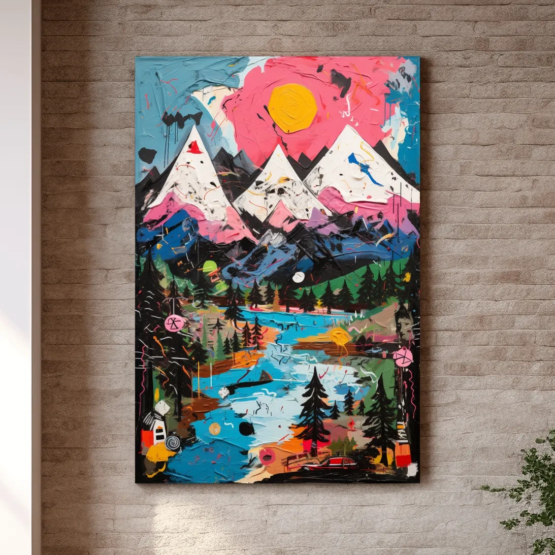 Vibrant Abstract Mountain Lake Sunset Painting - Colorful Modern Landscape Wall Art