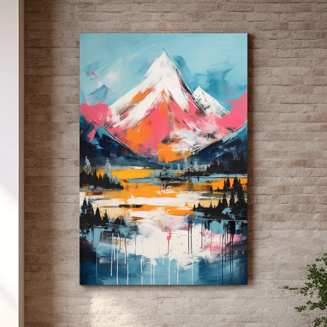 Bright painting of a snow capped mountain
