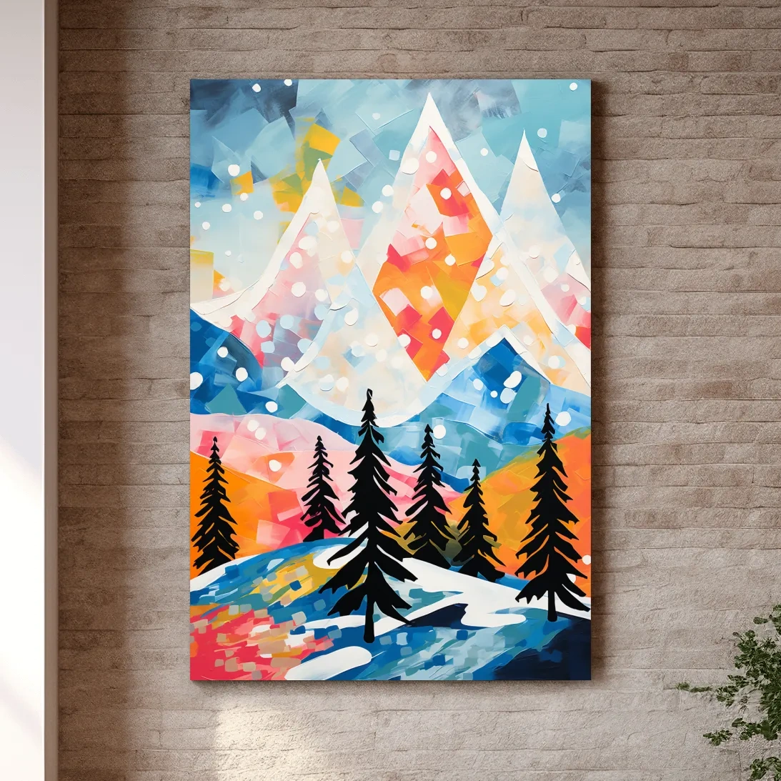 Simple colourful abstract painting of a snowy mountain scene