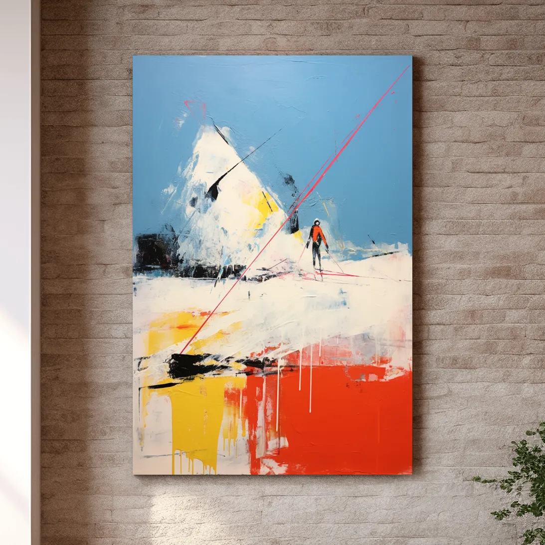 Expressionist style abstract painting of a skier