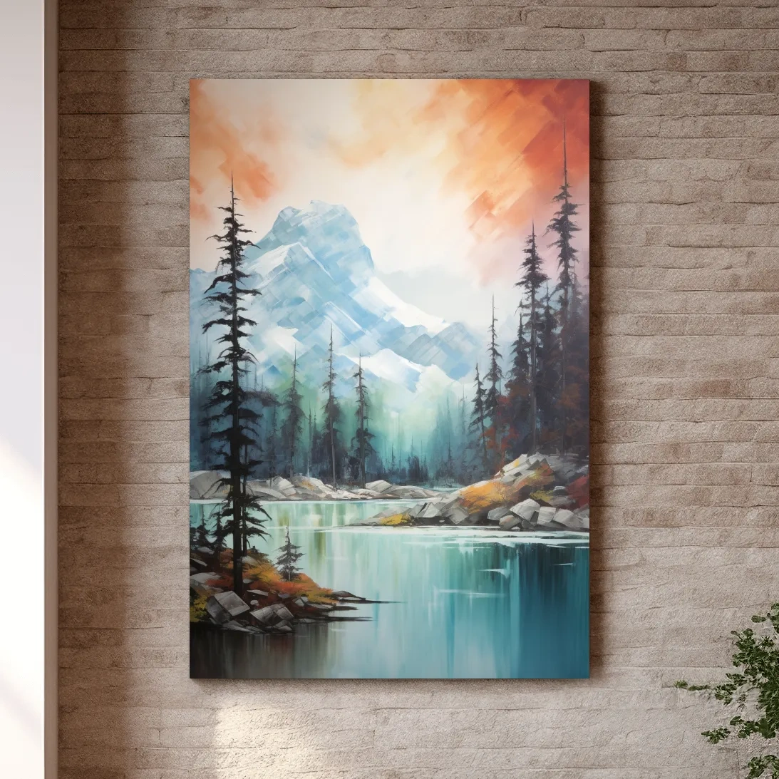 Turquoise Alpine Lake & Pine Forest Sunset Watercolor - Serene Mountain Landscape Wall Art