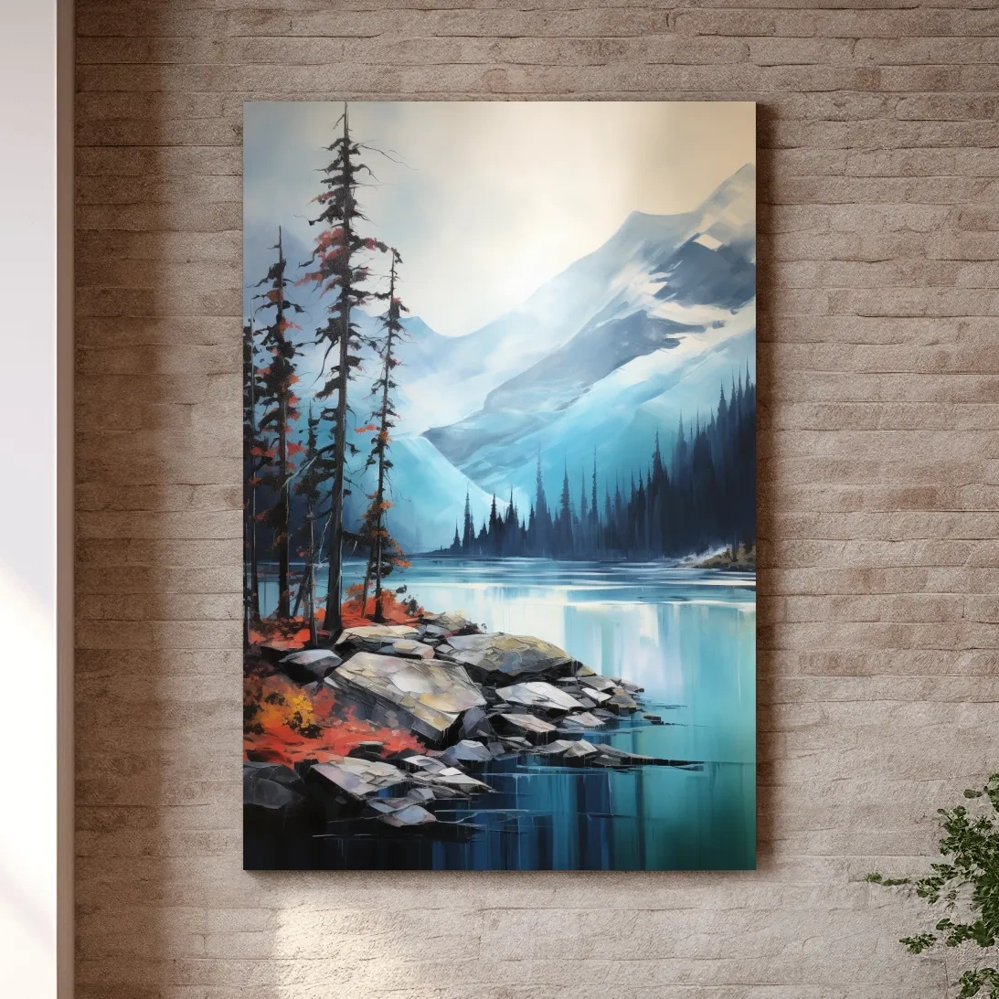 Serene painting, trees on a torquoise alpine lake