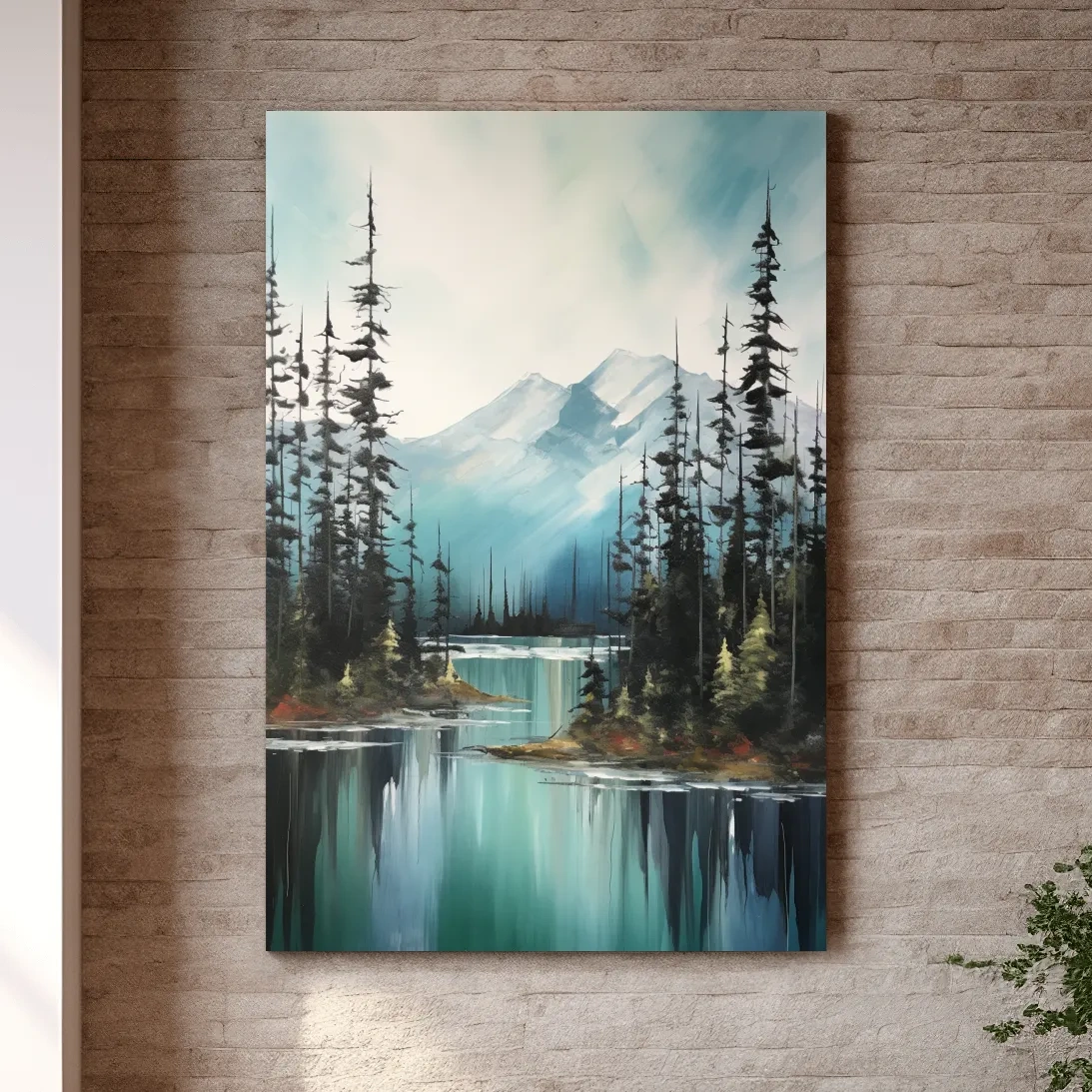 Serene mountain painting, turquoise lake in the alpine