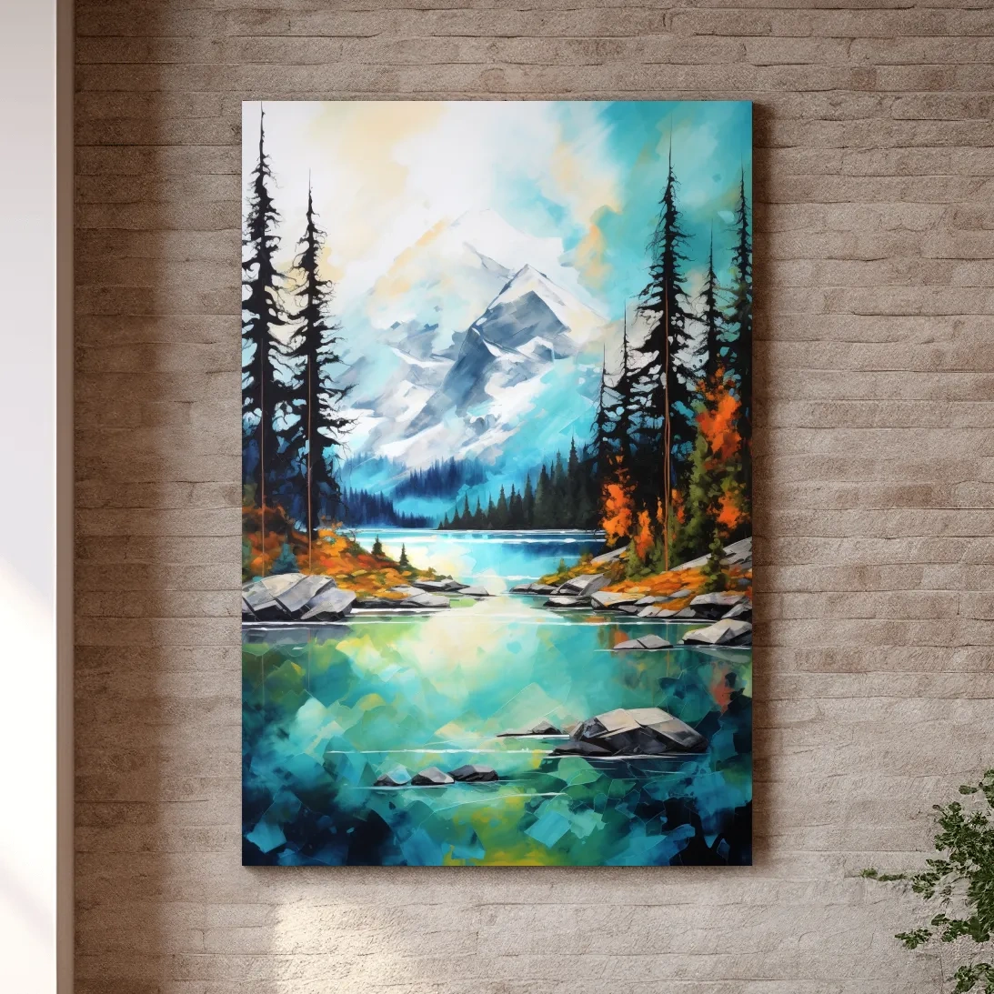 Torquoise alpine lake painting in the fall