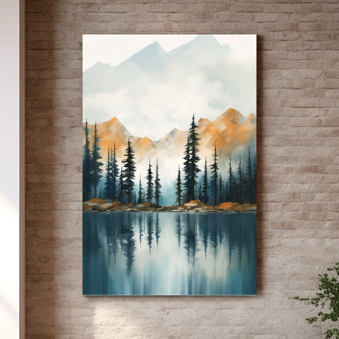 Misty Watercolor Mountain Lake Reflection - Serene Pine Forest Landscape Wall Art