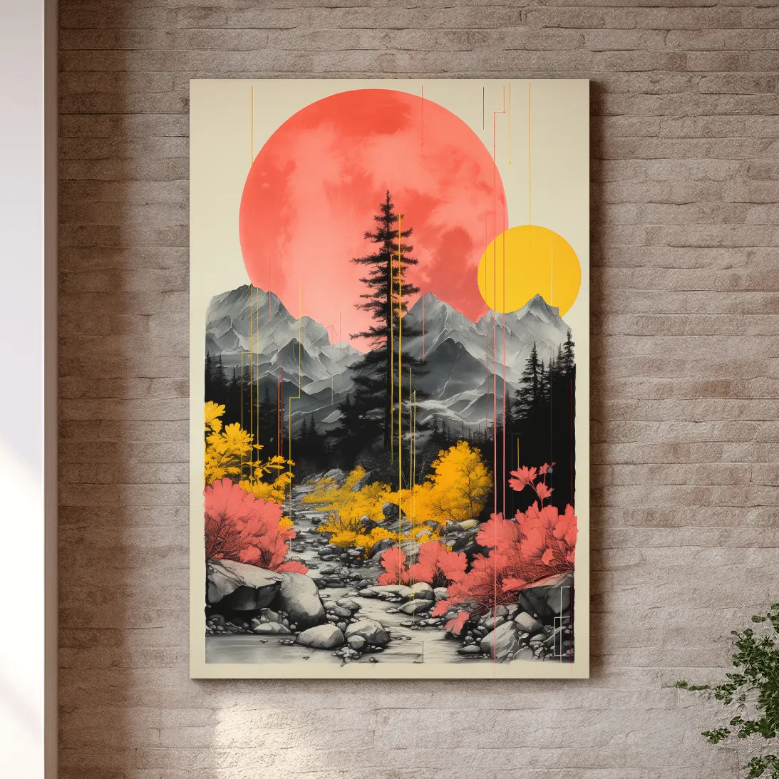 Pink and yellow contrasting artwork, alpine mountain scene