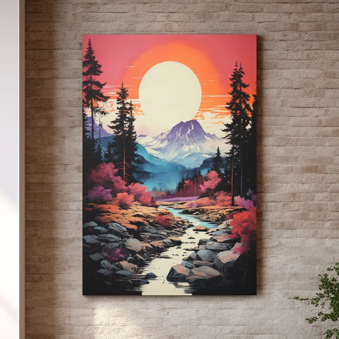 Colorful alpine scene at sunset, illustration