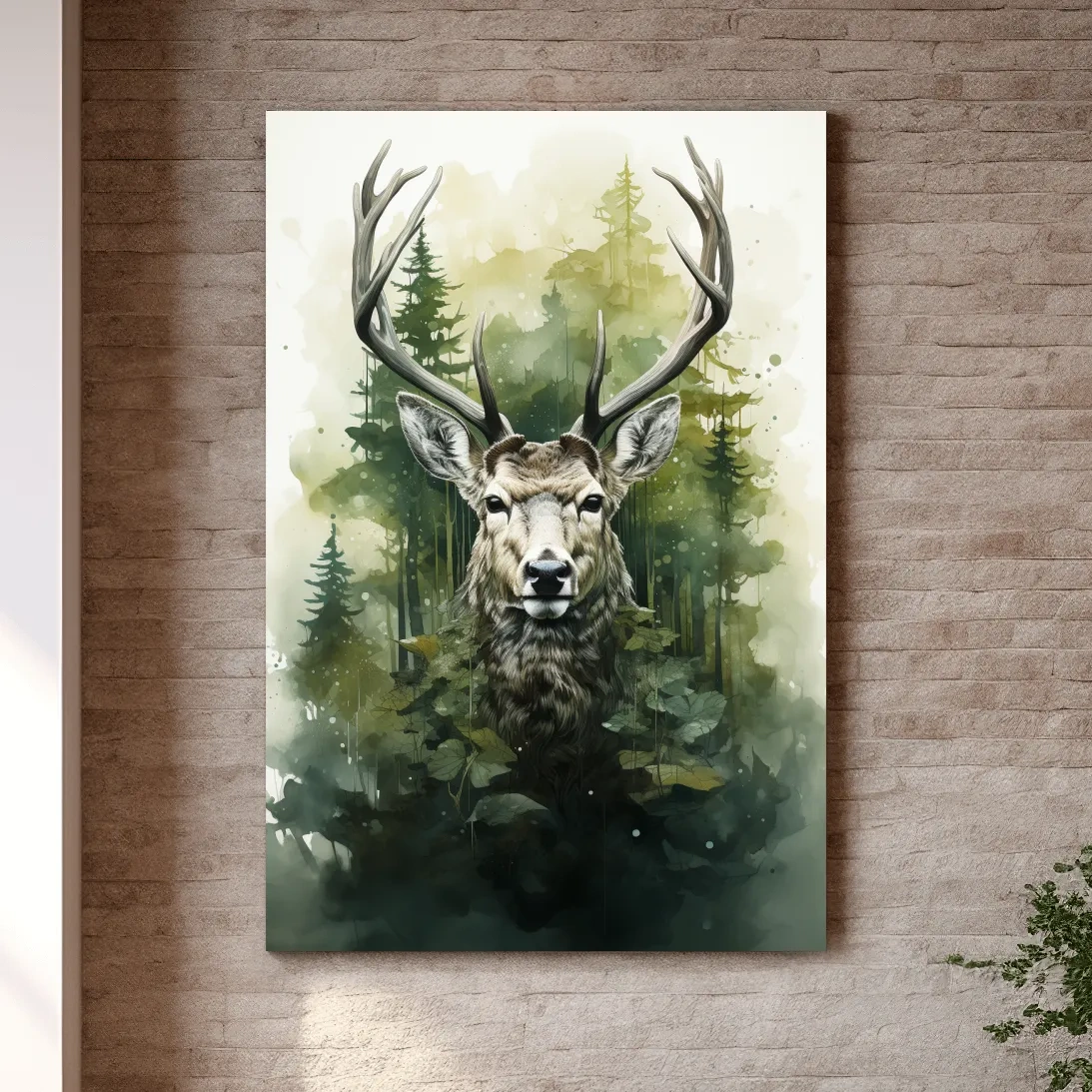 Watercolor Deer Portrait In Misty Pine Forest - Woodland Wildlife Wall Art