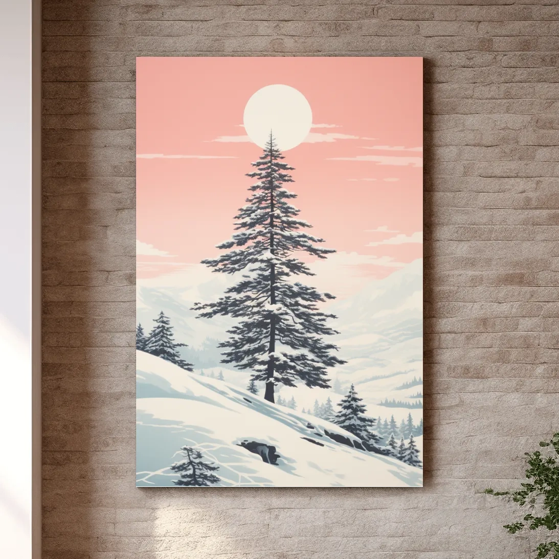 Minimal art, snow covered pine tree at sunset