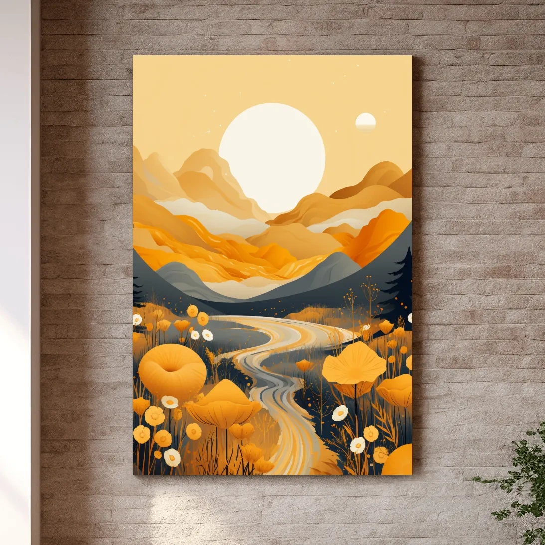 Bright illustration, river running through the meadows