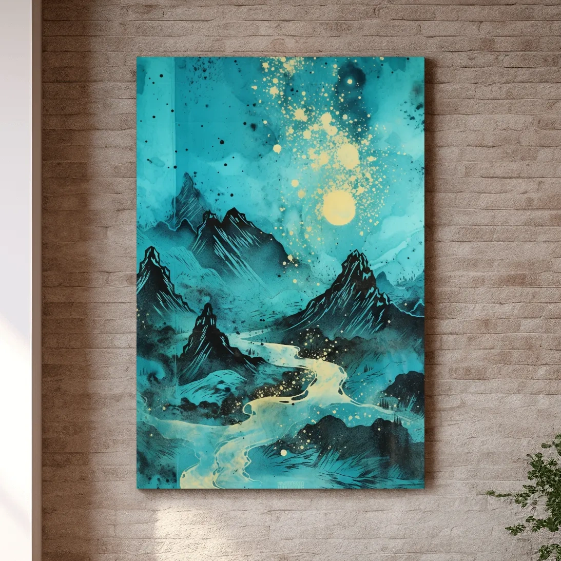 Abstract painting of a river through the mountains
