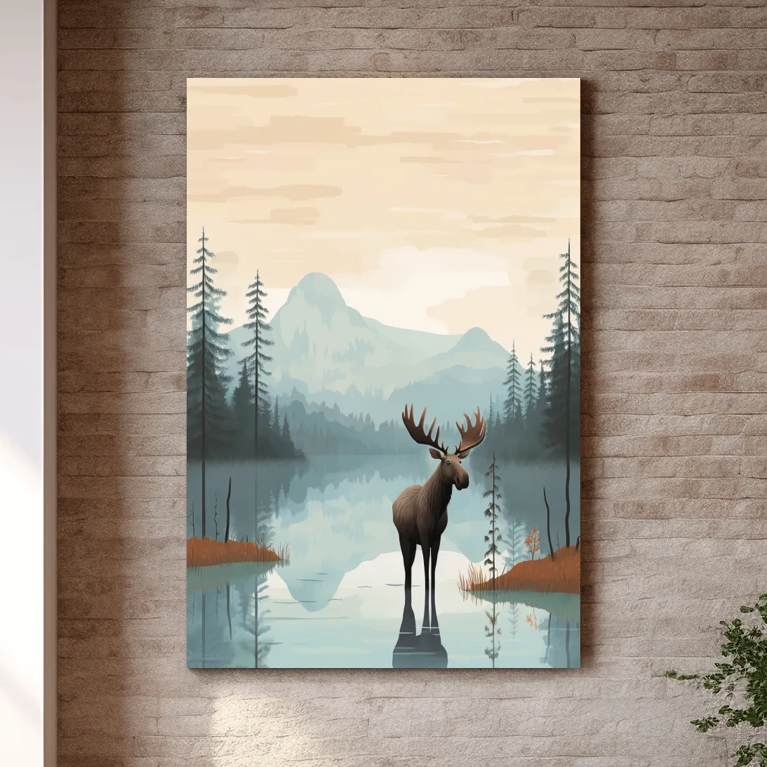 Moose Mountain Lake Illustration - Nursery Forest Mountain Wall Art