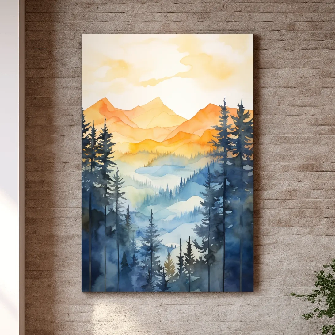 Simple watercolor art painting of alpine mountain scenery