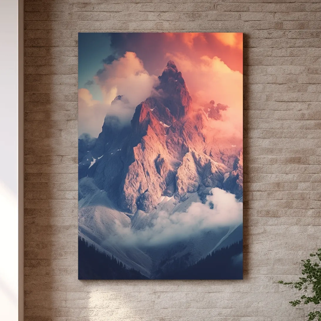 Dramatic mountain peak in colorful clouds, photographic art