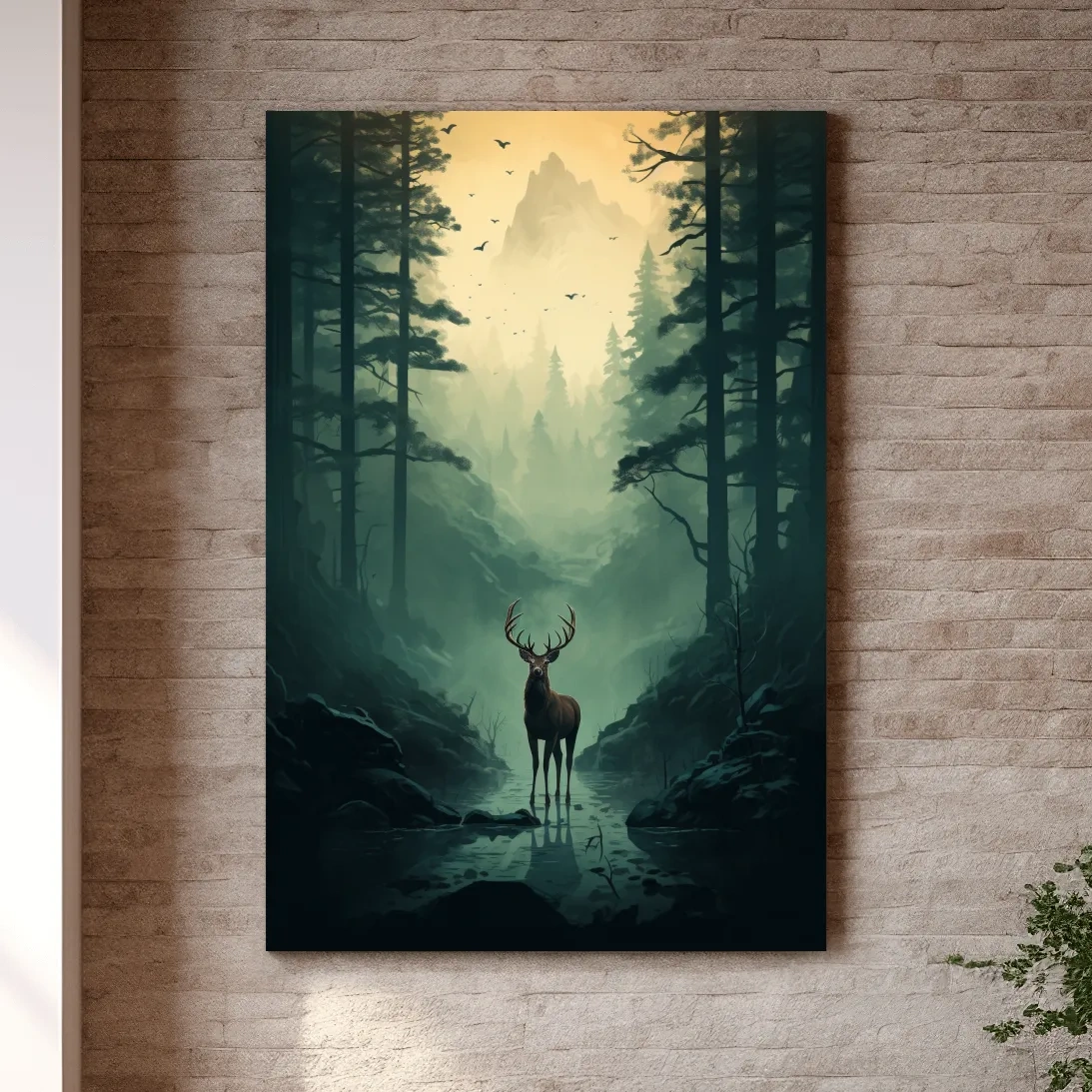 Serene illustration of a deer in a misty forest