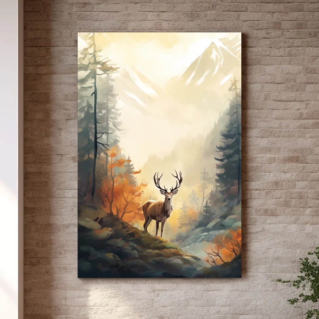 Painting of a deer standing in an autumn forest