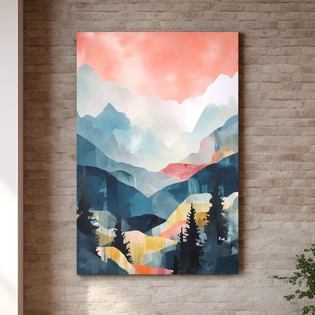 Abstract pastel painting - mountains and trees at sunset