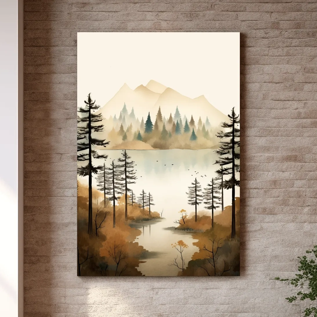 Watercolour landscape art, lakeside forest scenery in fall