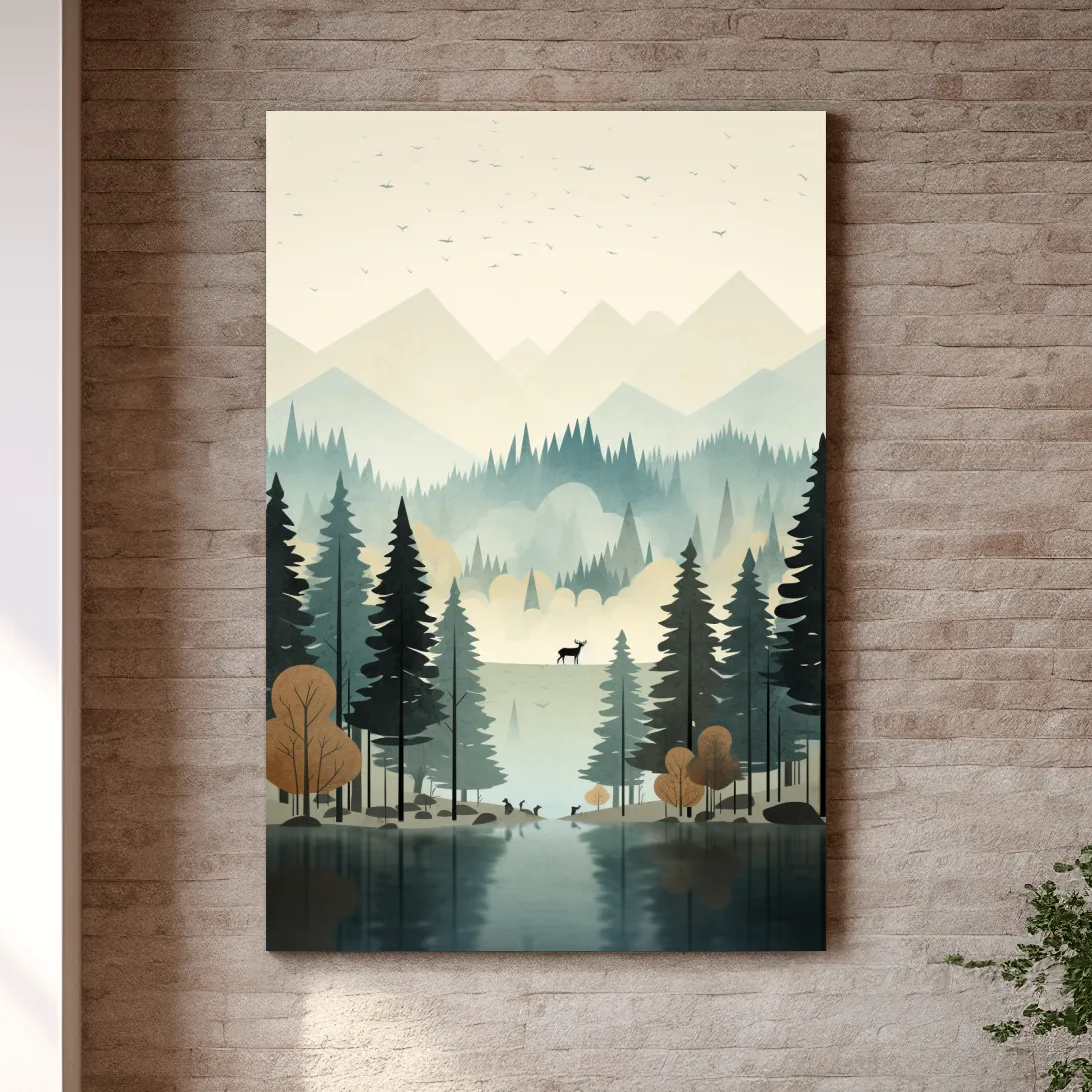 Mountain illustration, silhouette of a deer in a peaceful forest