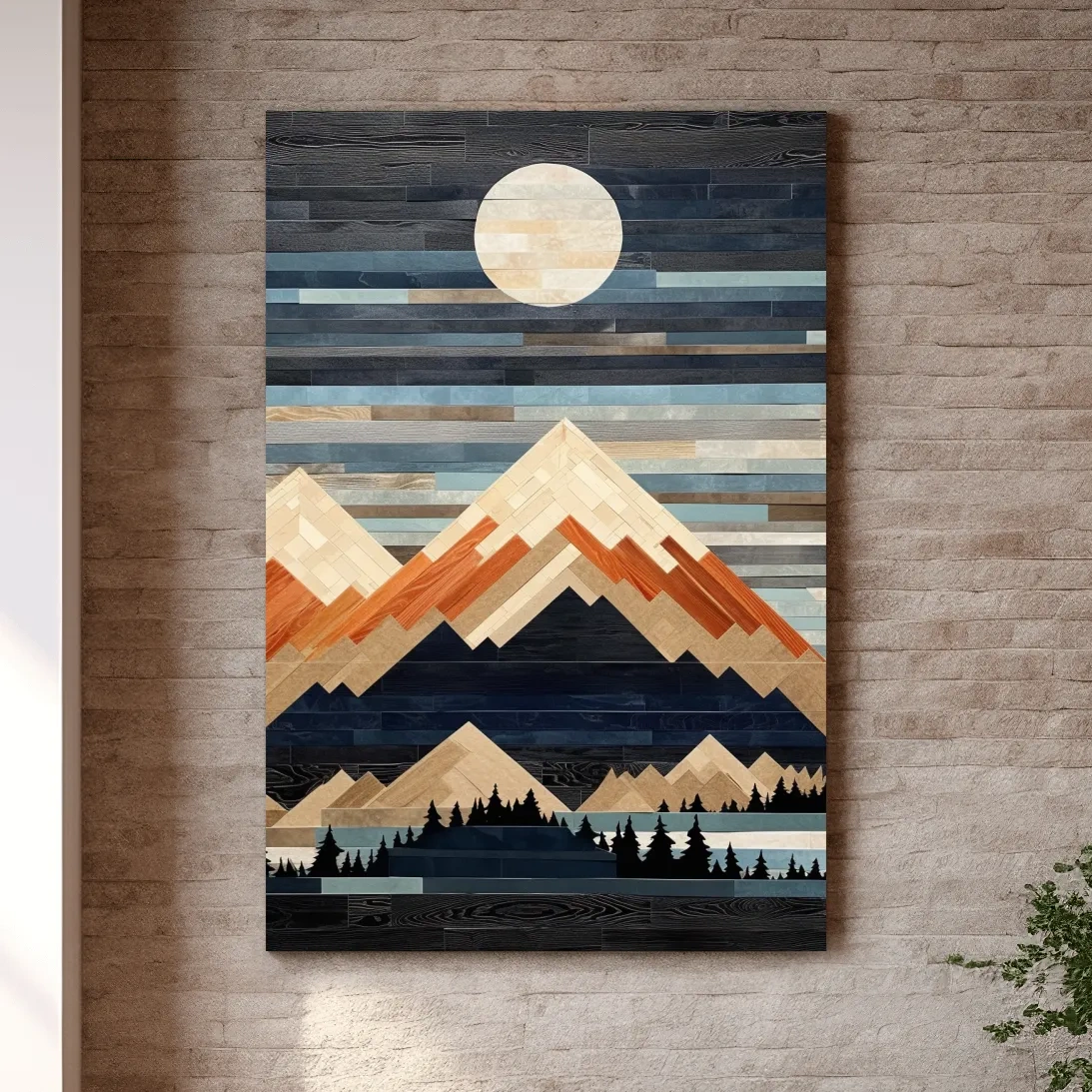 Wooden panel art, painted wood mountains under the night sky