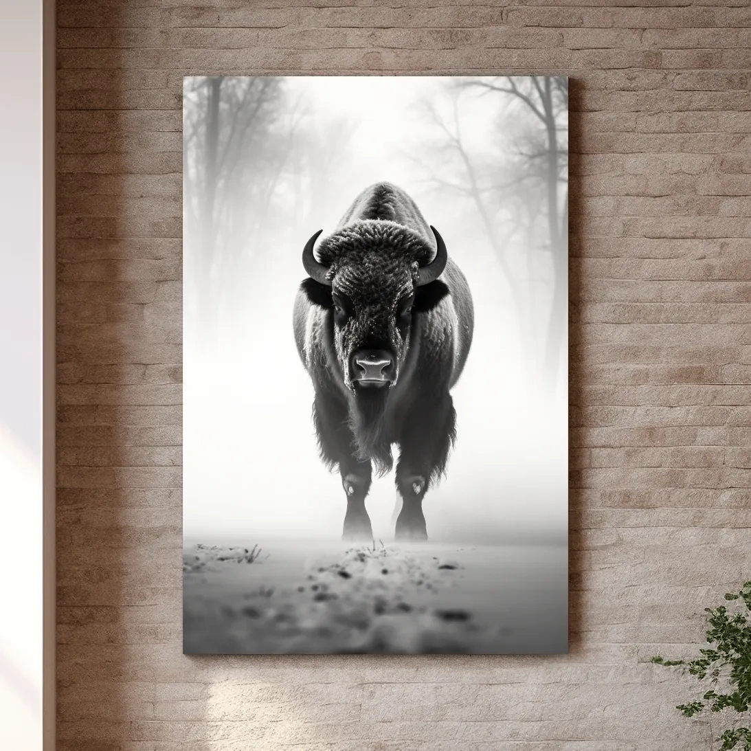 Black and white photo of a bison walking on snow