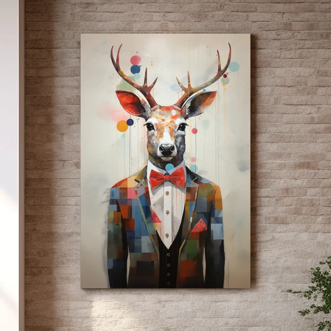 A collage style painting of a deer in a tuxedo