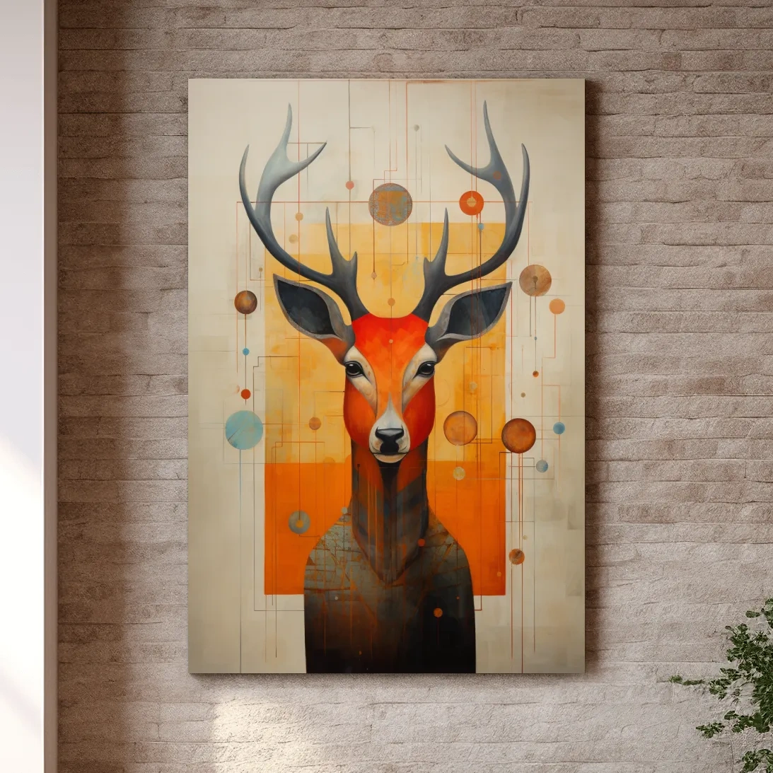 Rustic painting of a deers head with abstract shapes