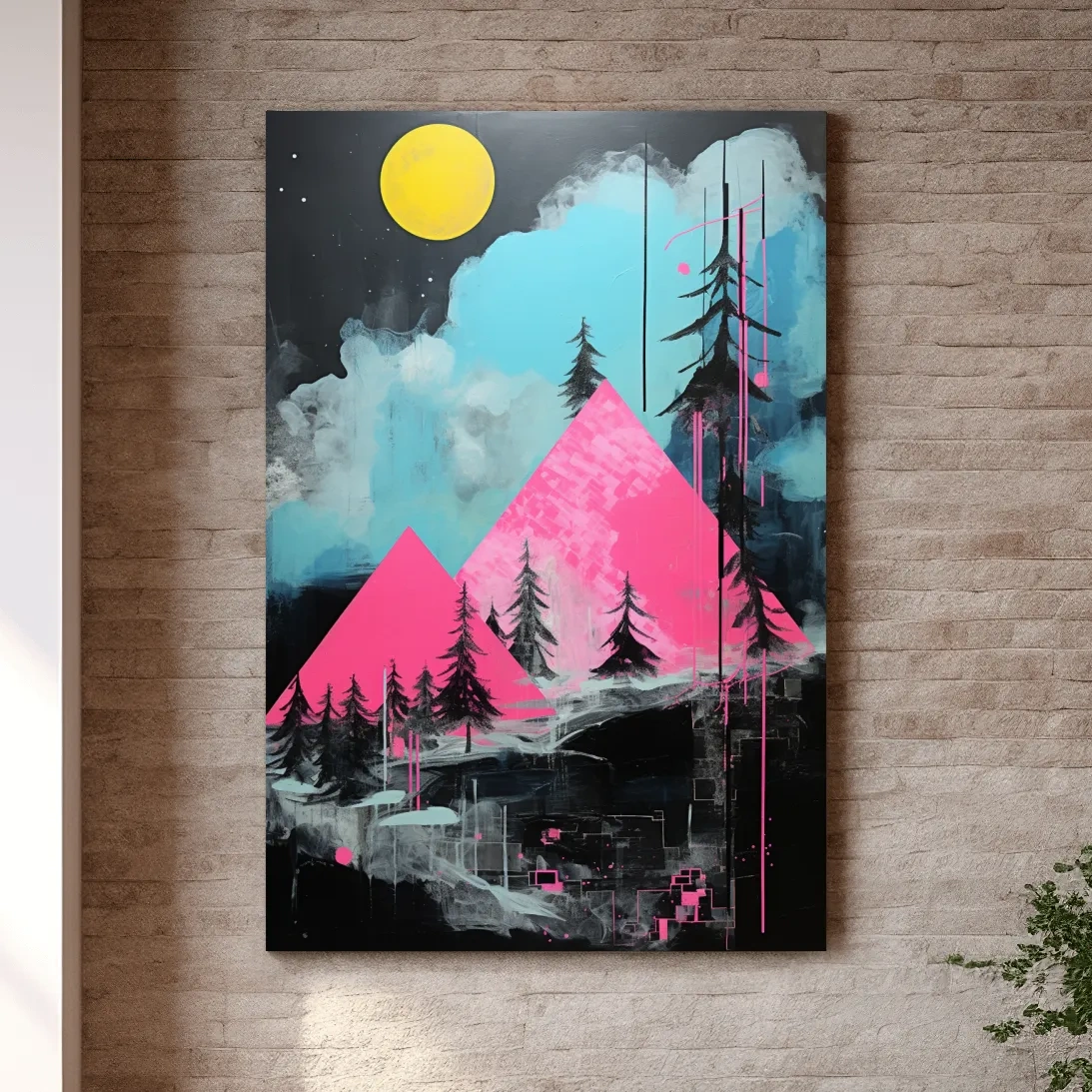 Pink and black acrylic painting, triangular abstract mountains