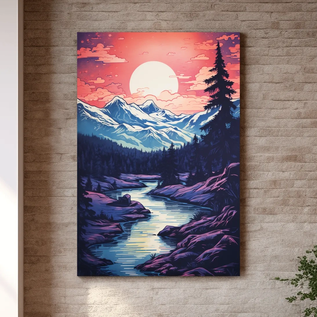 Surreal illustration of sunset over a glacier alpine scene